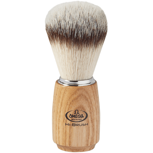 Omega Hi Brush soft synthetic nylon shaving brush with a black handle, designed for a smooth shaving experience.