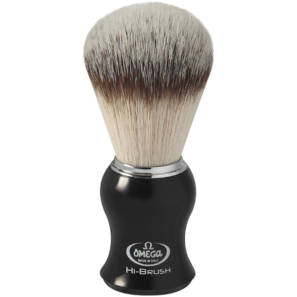 Omega Hi-Brush synthetic shaving brush by Pasteur Pharmacy with dense bristles and a sleek handle for smooth shaving.