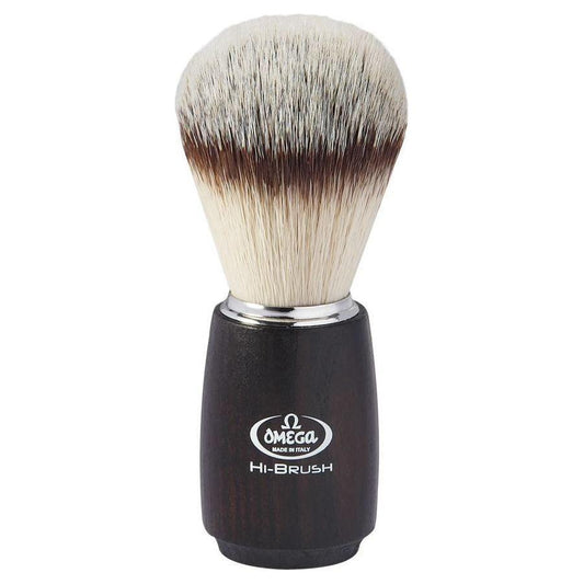 Omega Hi Brush synthetic shaving brush with dense bristles and a sleek handle, designed for a comfortable shave.