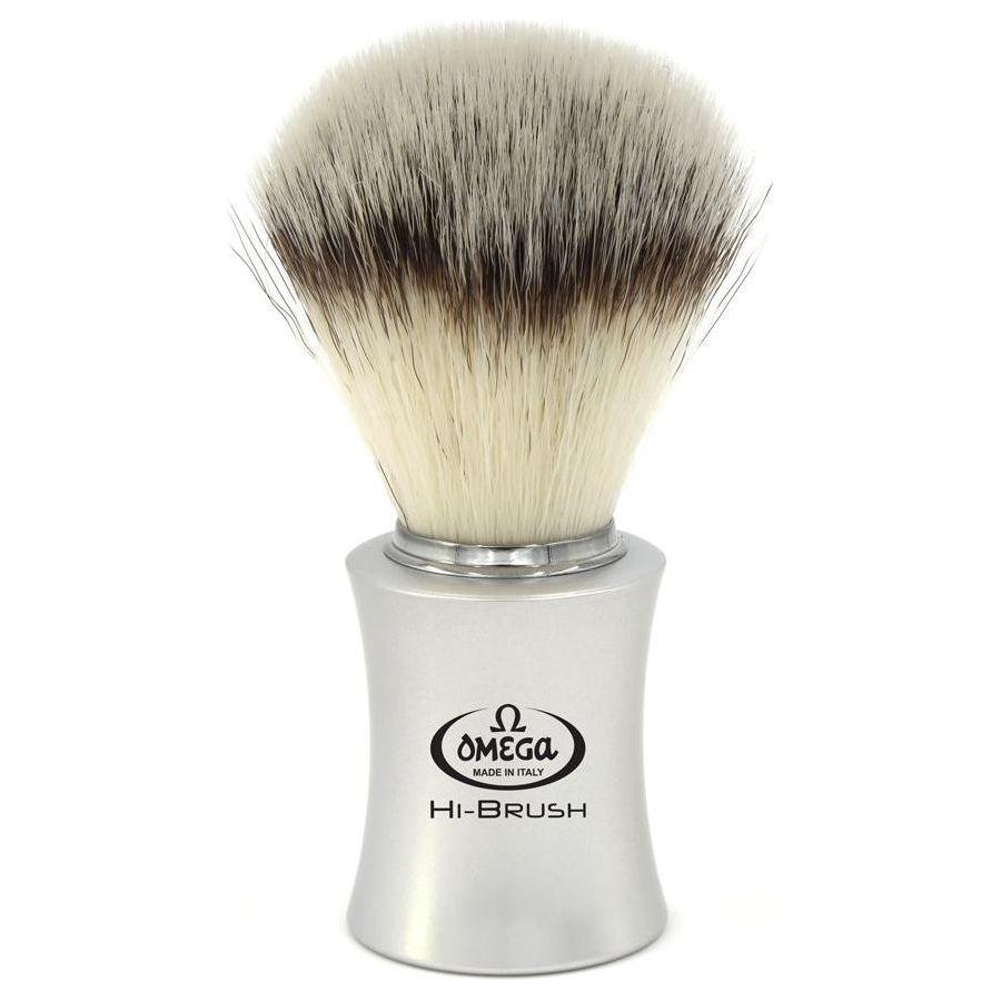 Omega Hi Brush synthetic shaving brush with a black handle and dense bristles, designed for a smooth shave.