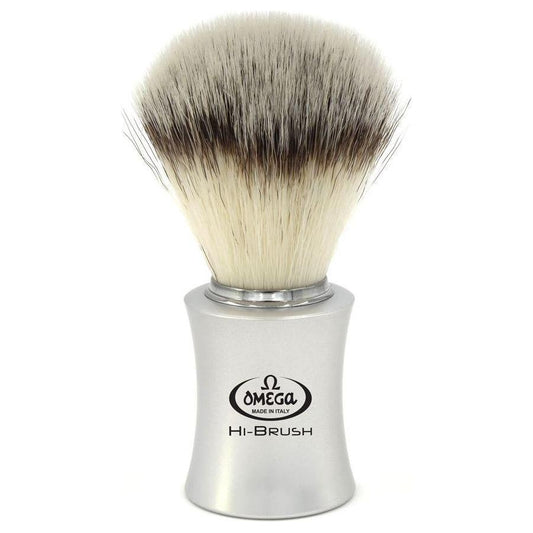 Omega Hi Brush synthetic shaving brush with a black handle and dense bristles, designed for a smooth shave.