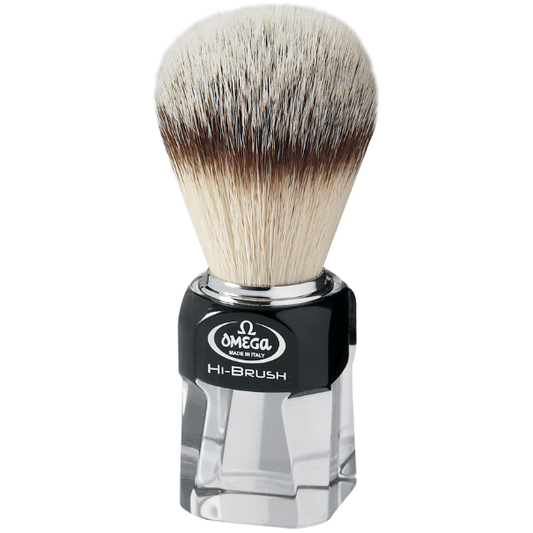 Omega Hi-Brush synthetic shaving brush with transparent handle and soft bristles, designed for a smooth shave.
