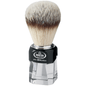 Omega Hi-Brush synthetic shaving brush with transparent handle and soft bristles, designed for a smooth shave.