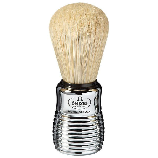 Omega Hog Bristle Shaving Brush with chromed plastic handle, natural hog bristles for a traditional shaving experience