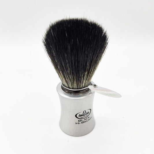 Omega Italy Shaving Brush 196820 with black vegan synthetic hair and aluminum handle, ideal for a smooth shaving experience.