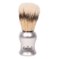 Omega matte silver handle shaving brush displayed on a black stand, featuring soft bristles and sleek design for traditional shaving.