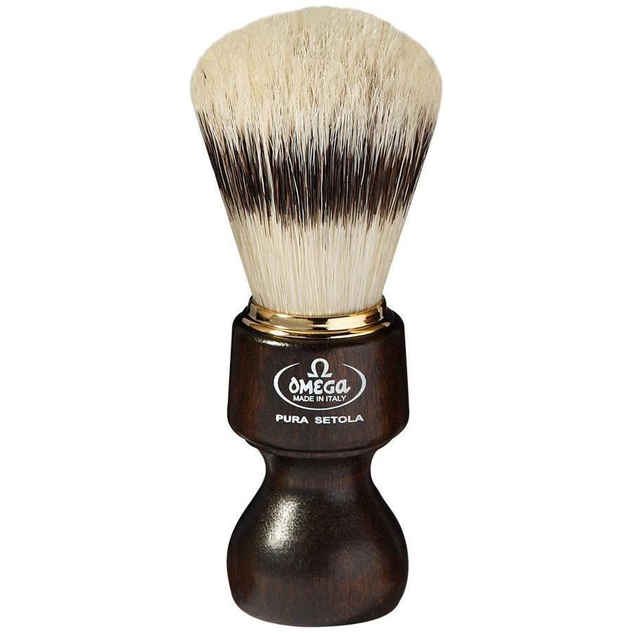 Omega Ovangkol Wood boar shaving brush with natural bristles, featuring a sturdy handle and classic design for traditional grooming.