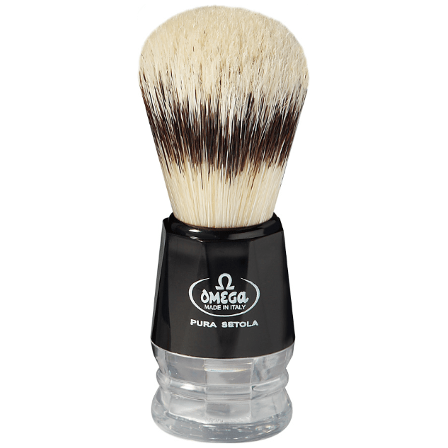 Omega Pig Bristles Shaving Brush by Pasteur Pharmacy with black natural bristles and a classic handle for a smooth shave.