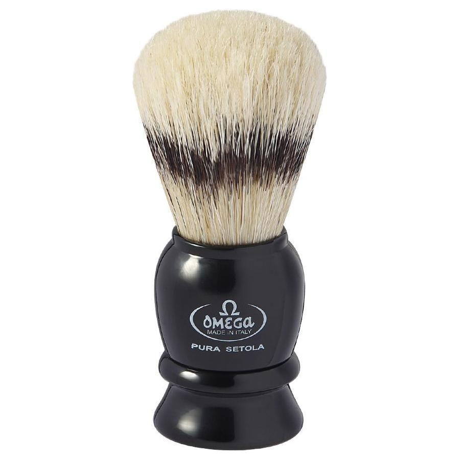 Omega Pig Hair Badger Shaving Brush by Pasteur Pharmacy with natural bristle handle for a traditional shaving experience.