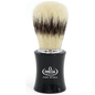 Omega Pig Hair Black Handle Shaving Brush with Pasteur Pharmacy branding, featuring a black handle and dense pig hair bristles.