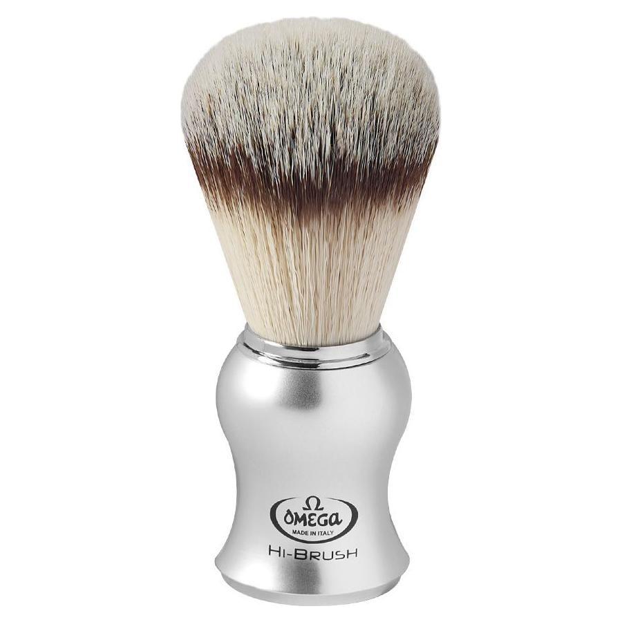 Omega Premium Shaving Hi-Brush with synthetic hair and satin grey handle, ideal for a smooth, luxurious shave.