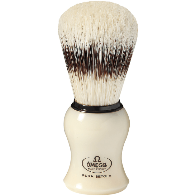 Omega Pure Bristle Shaving Brush by Pasteur Pharmacy, showing a classic shaving brush with natural pure bristle bristles and a sturdy handle.
