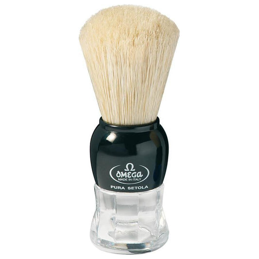 Omega Pure Bristle Shaving Brush by Pasteur Pharmacy in red and black, featuring natural bristles and a sturdy handle.