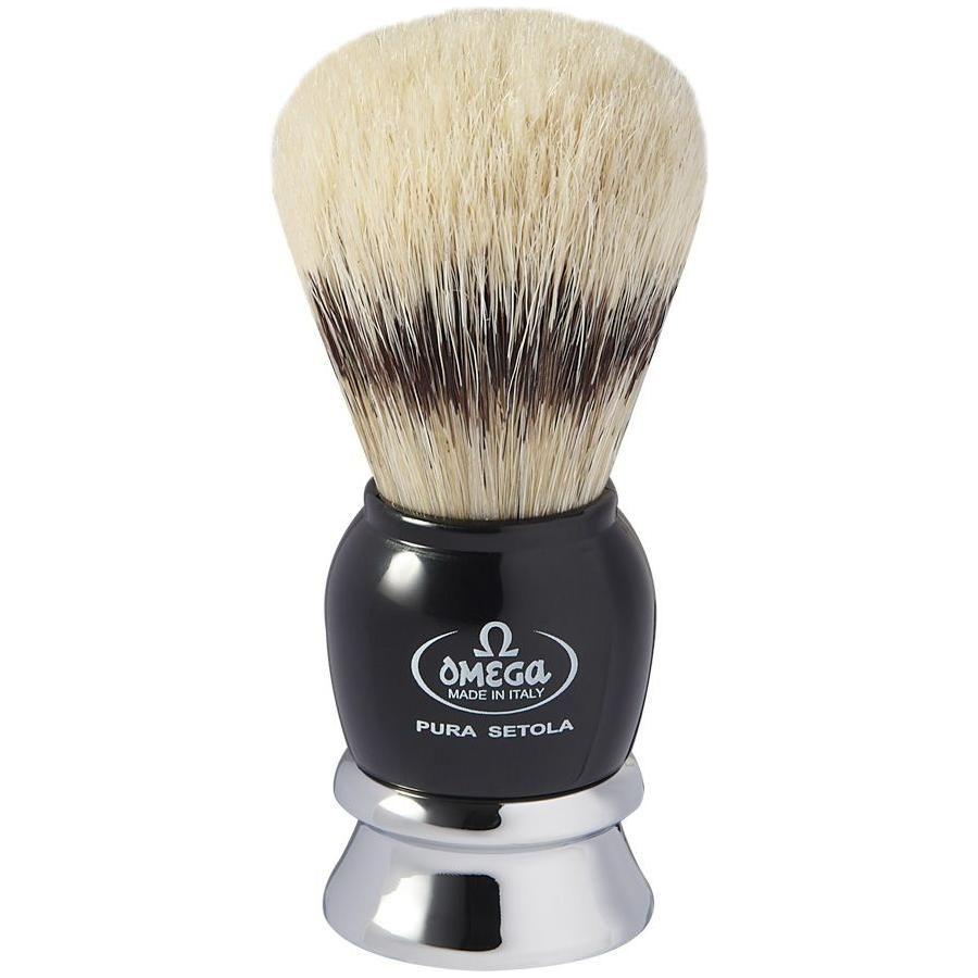 Omega Pure Bristle Shaving Brush with chromed plastic handle, natural bristles for a smooth shaving experience.
