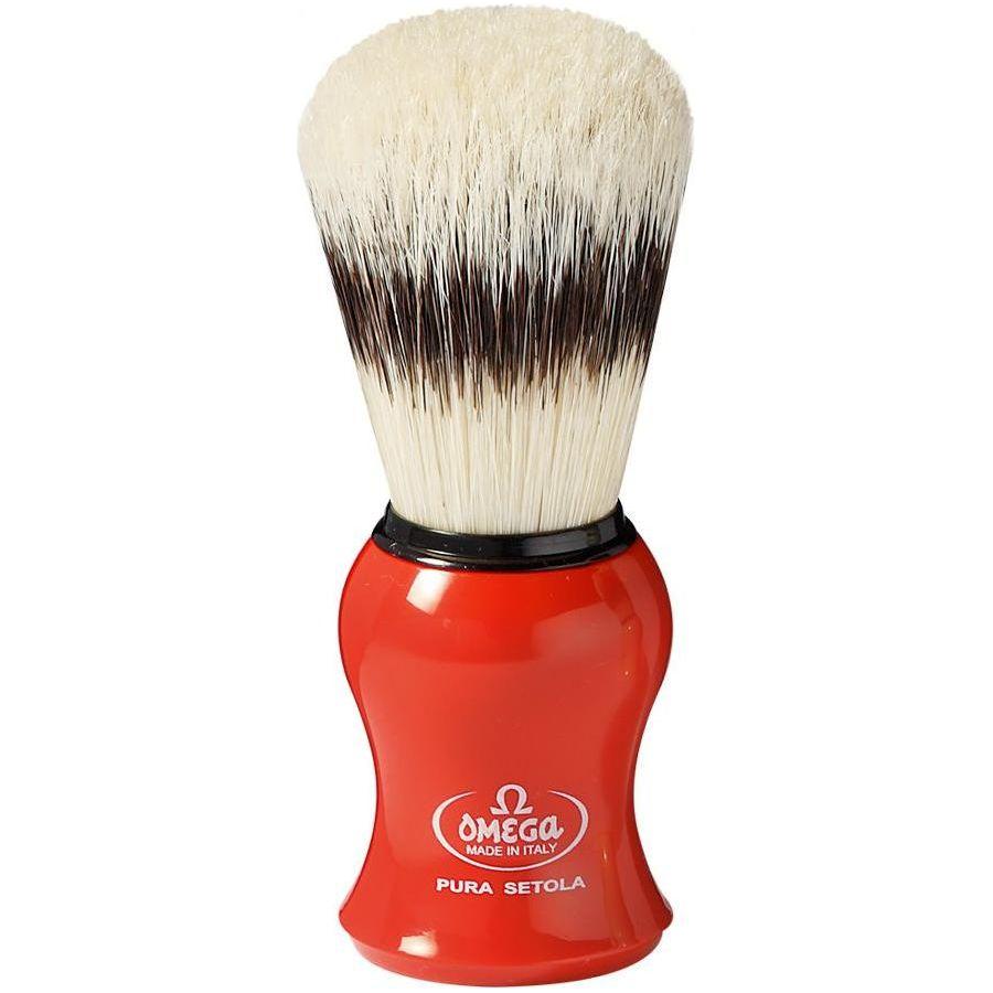 Omega Pure Bristle Shaving Brush with Stand from Pasteur Pharmacy, featuring assorted colors and soft bristles for a smooth shave.