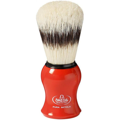 Omega Pure Bristle Shaving Brush with Stand from Pasteur Pharmacy, featuring assorted colors and soft bristles for a smooth shave.