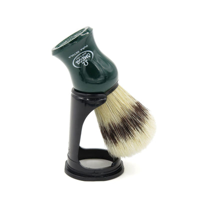 Omega Pure Bristle Shaving Brush with stand in assorted colors, natural bristles and sleek design for traditional shaving.
