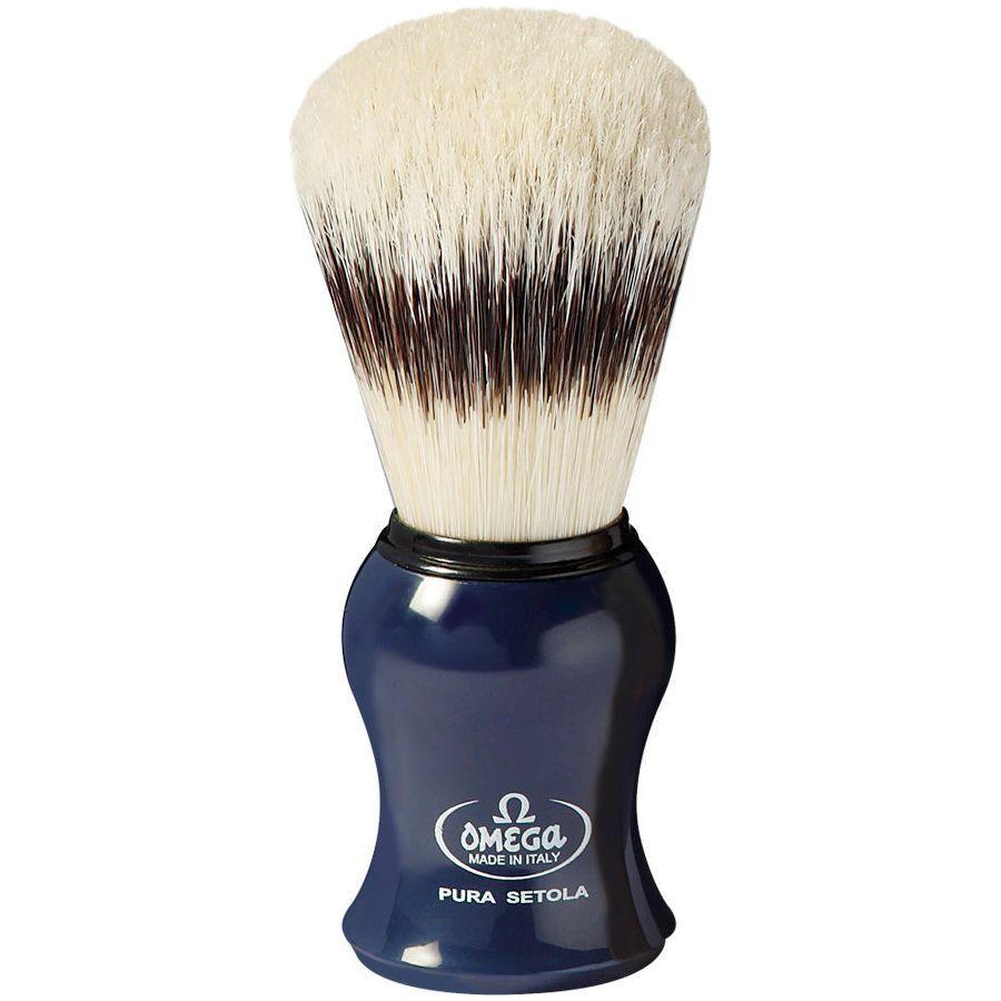 Omega Pure Bristle Shaving Brush with Stand in assorted colors, featuring natural bristles and elegant stand for classic shaving.