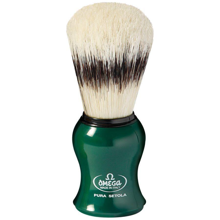 Omega Pure Bristle Shaving Brush with stand, colorful assorted options, natural bristle texture, designed for a classic shave.