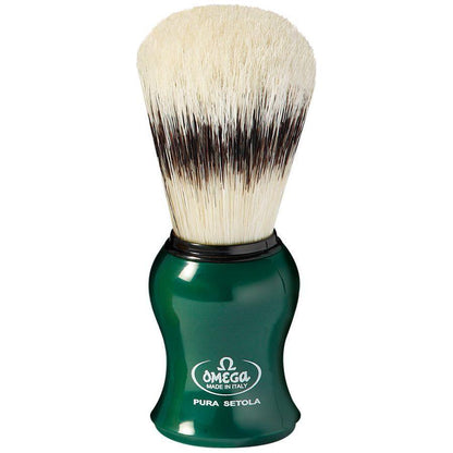 Omega Pure Bristle Shaving Brush with stand, colorful assorted options, natural bristle texture, designed for a classic shave.
