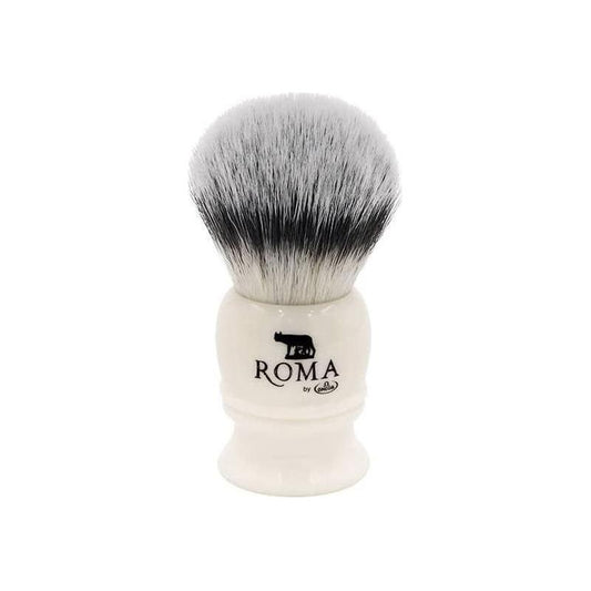 Omega Roma synthetic shaving brush with Lupa Capitolina handle, featuring soft bristles and detailed design.