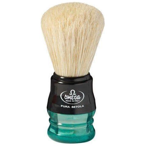 Omega S-Brush Model 100% Synthetic multi-color shaving brush with dense bristles and ergonomic handle.