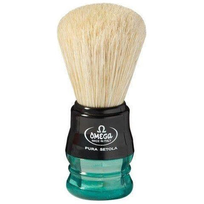 Omega S-Brush Model 100% Synthetic multi-color shaving brush with dense bristles and ergonomic handle.