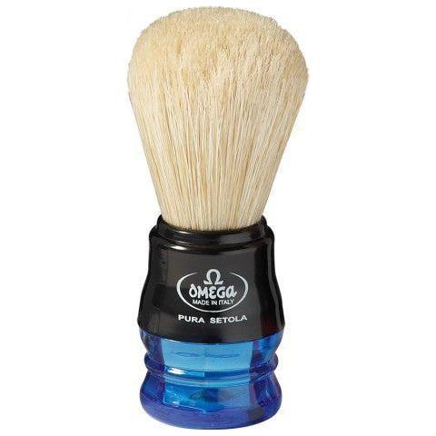 Omega S-Brush Model 100% Synthetic Multi-Color shaving brush with colorful synthetic bristles and a sleek handle.