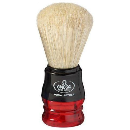 Omega S-Brush shaving brush with synthetic bristles in multiple colors, designed for a smooth shaving experience.