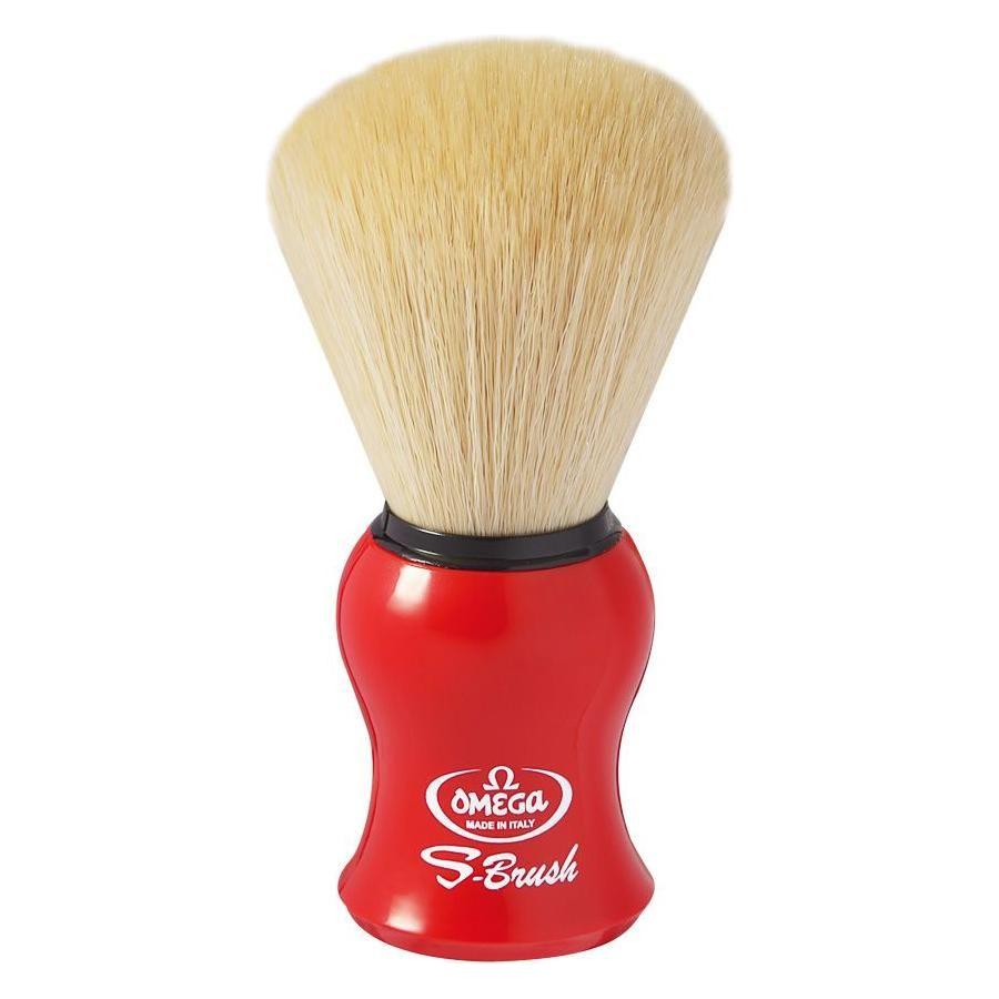 Omega S-Brush synthetic boar bristle shaving brush in assorted colors, ideal for a smooth, comfortable shave.