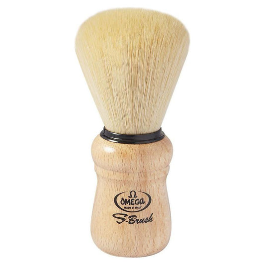 Omega S-Brush synthetic fiber shaving brush with beech wood handle, featuring soft bristles and ergonomic design.