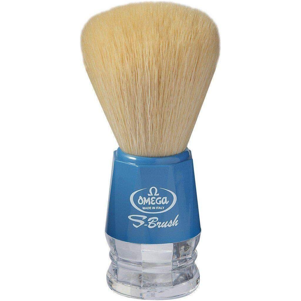 Omega S-Brush synthetic fibre shaving brush with variable color bristles, designed for a smooth, comfortable shave.