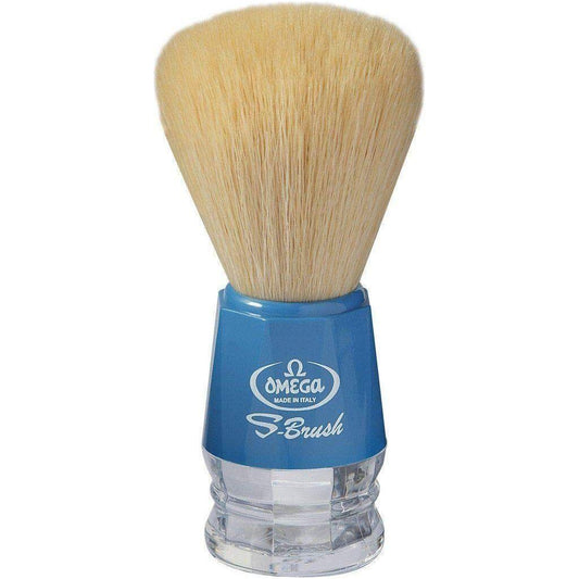 Omega S-Brush synthetic fibre shaving brush with variable color bristles, designed for a smooth, comfortable shave.