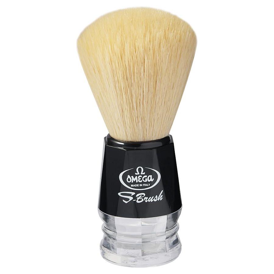 Omega S-Brush synthetic fiber shaving brush with black handle, showing soft bristles and sleek black design.