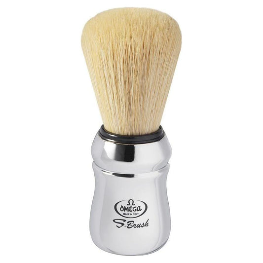 Omega S-Brush synthetic fiber shaving brush with chromed plastic handle, displaying soft bristles and sleek design.