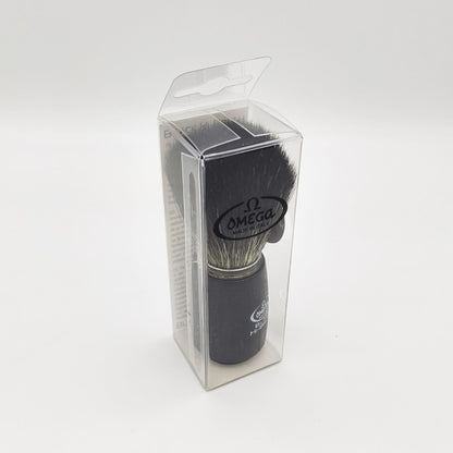 Omega shaving brush with synthetic fiber bristles, ideal for lathering and grooming, by Pasteur Pharmacy.