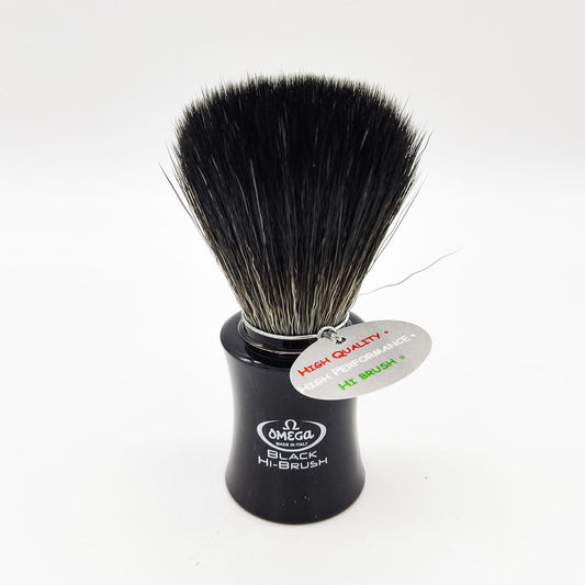 Omega Black Shaving Brush by Pasteur Pharmacy with synthetic fiber bristles and ergonomic handle.