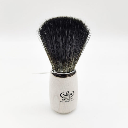 Omega Shaving Brush White 196711 with synthetic fiber bristles, natural wooden handle, designed for a smooth shaving experience.