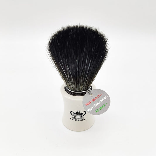 Omega White 196819 Hi-Brush synthetic fiber shaving brush with white handle, ideal for a smooth shaving experience.