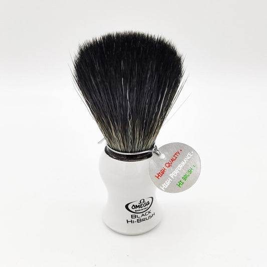Omega shaving brush with white handle and synthetic fiber bristles, designed for a smooth shaving experience.