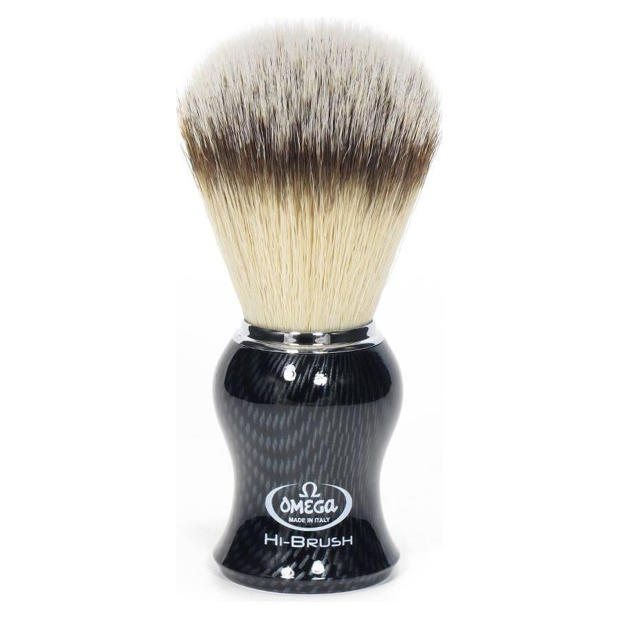 Omega synthetic nylon shaving brush with a carbon fiber look, featuring a dense bristle knot and sleek black handle.