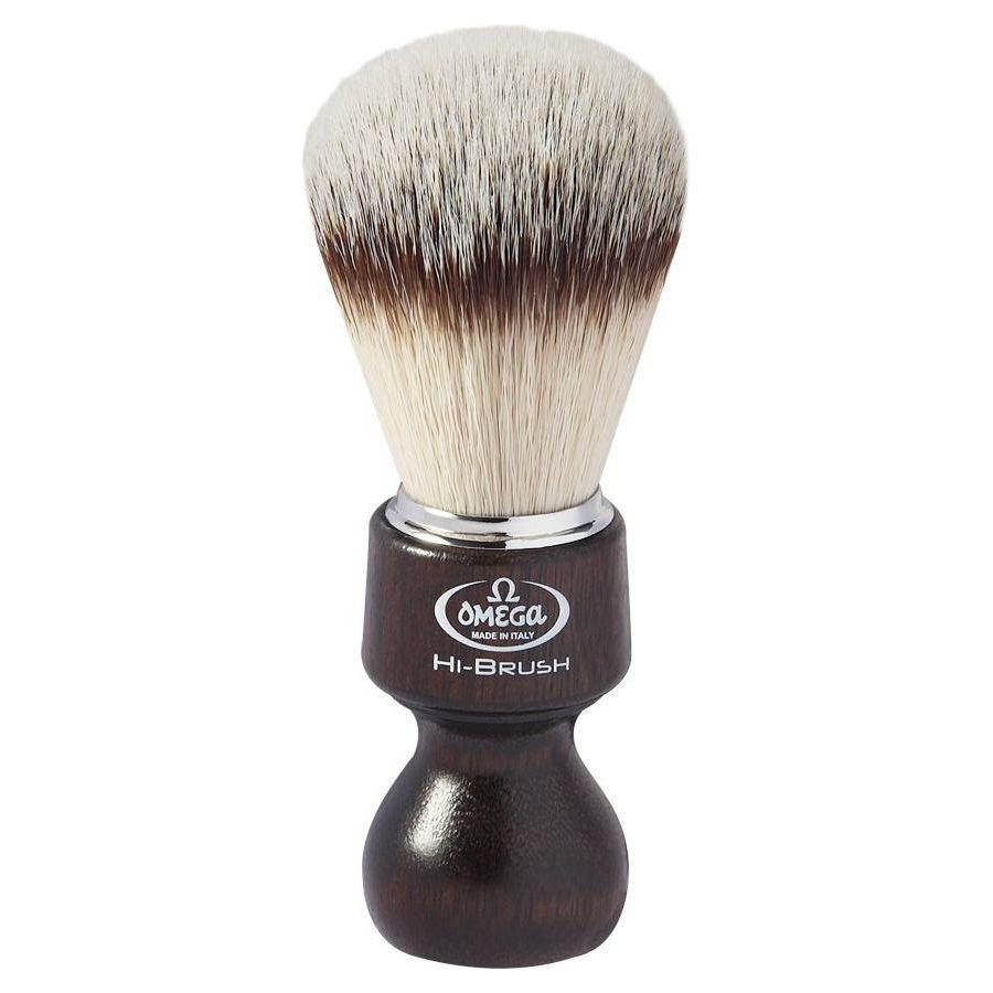 Omega Synthetic Shaving Brush with wooden handle, Pasteur Pharmacy brand, showcasing soft synthetic bristles for a close shave.