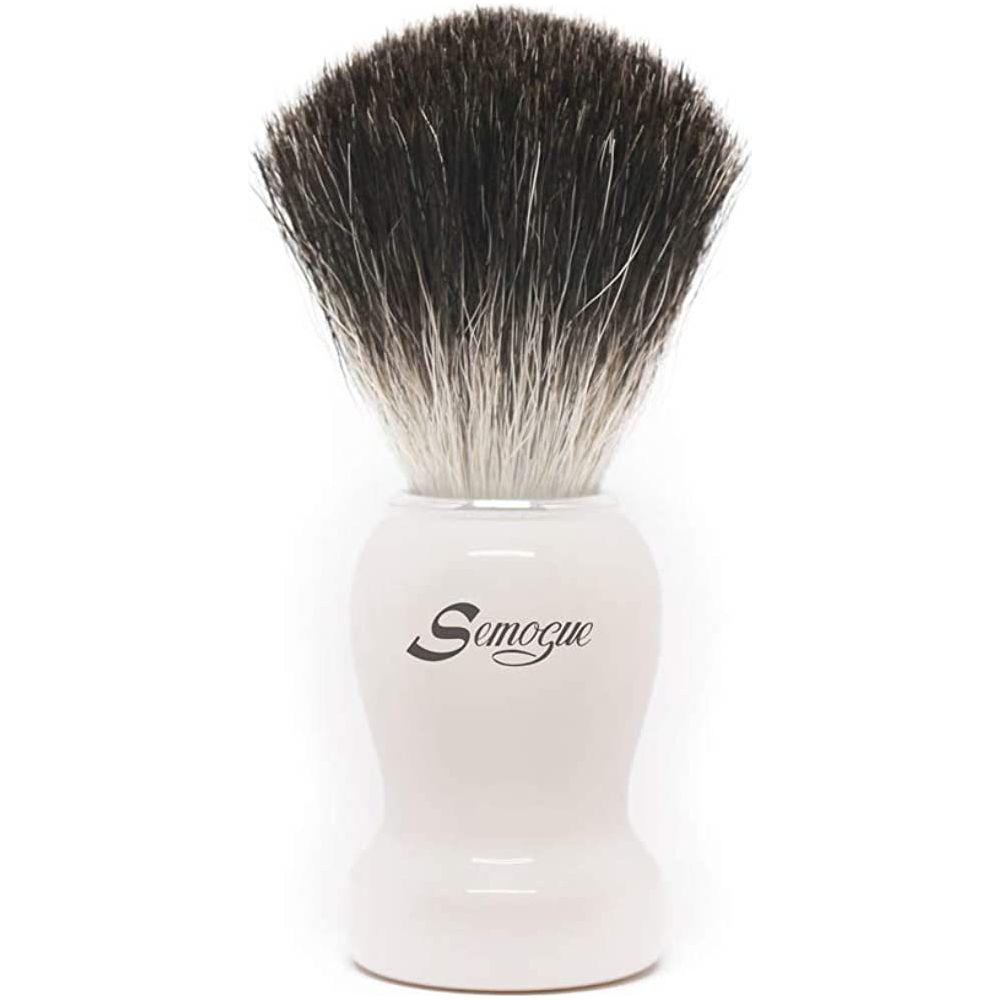 Semogue Pharos-c3 Pure Black Badger Shaving Brush in Arctic White, featuring dense bristles and a sleek handle for classic shaving.