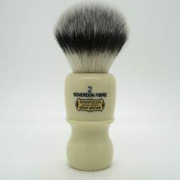 Simpson Captain 2 Sovereign Grade synthetic fiber shaving brush with a black handle and soft bristles, ideal for a close shave.