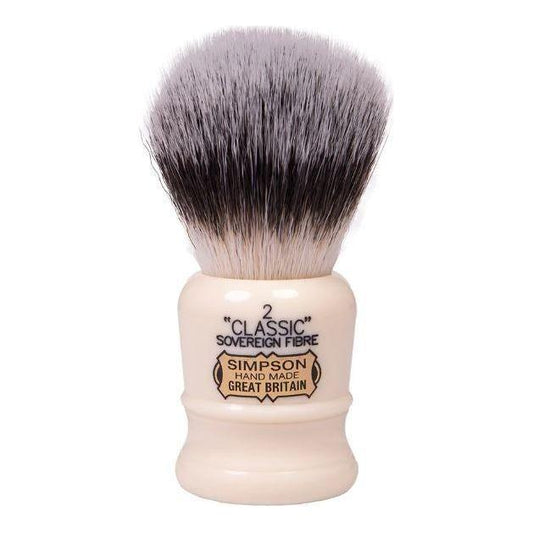 Simpson Classic 2 Sovereign Grade synthetic fibre shaving brush with a wooden handle and dense bristles for a smooth shave.