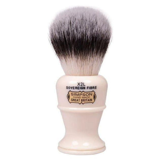 Simpson Colonel X2L Sovereign Grade synthetic fibre shaving brush with a wooden handle and soft bristles.