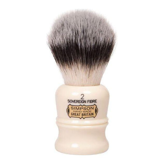 Simpson Duke 2 Sovereign Grade synthetic fibre shaving brush with a classic handle and dense bristles for a smooth shave.