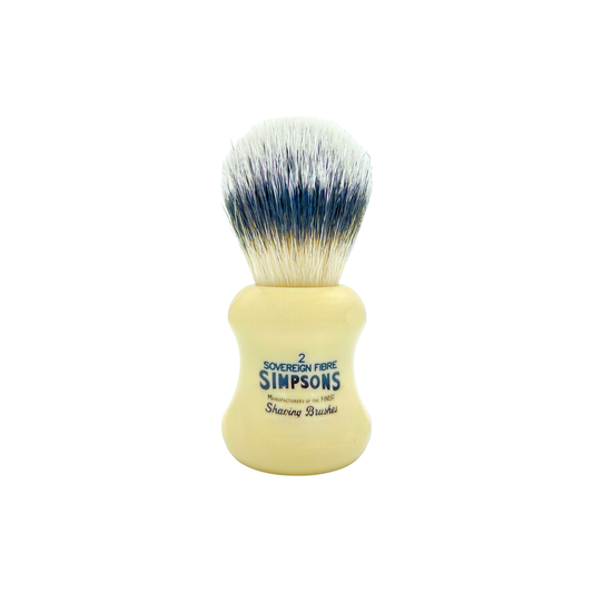 Simpson Eagle 2 Sovereign Grade synthetic fiber shaving brush with a polished handle and dense bristles for a smooth shave.