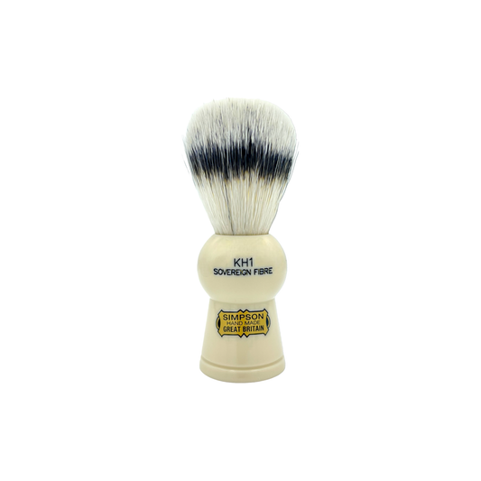 Simpson Keyhole 1 Sovereign Grade synthetic fiber shaving brush with a wooden handle and soft bristles for a close shave.