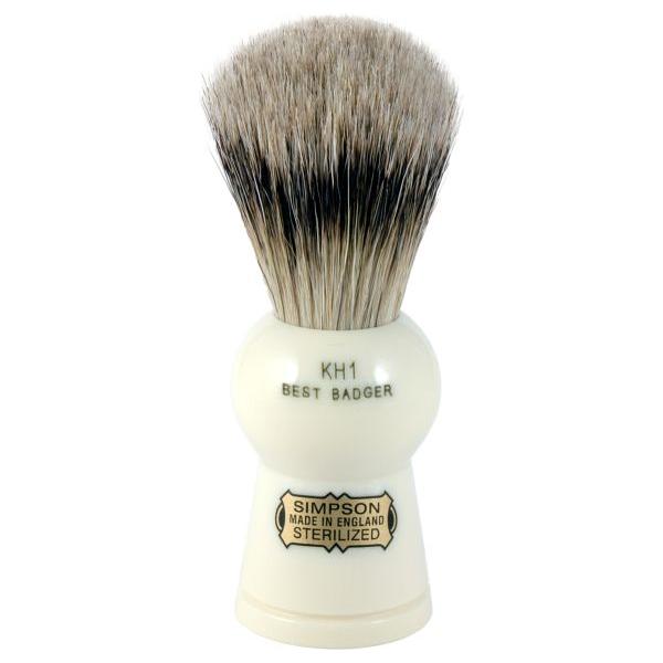 Simpson Keyhole KH1 badger hair shaving brush with imitation ivory handle, small size, natural bristles, and detailed craftsmanship.